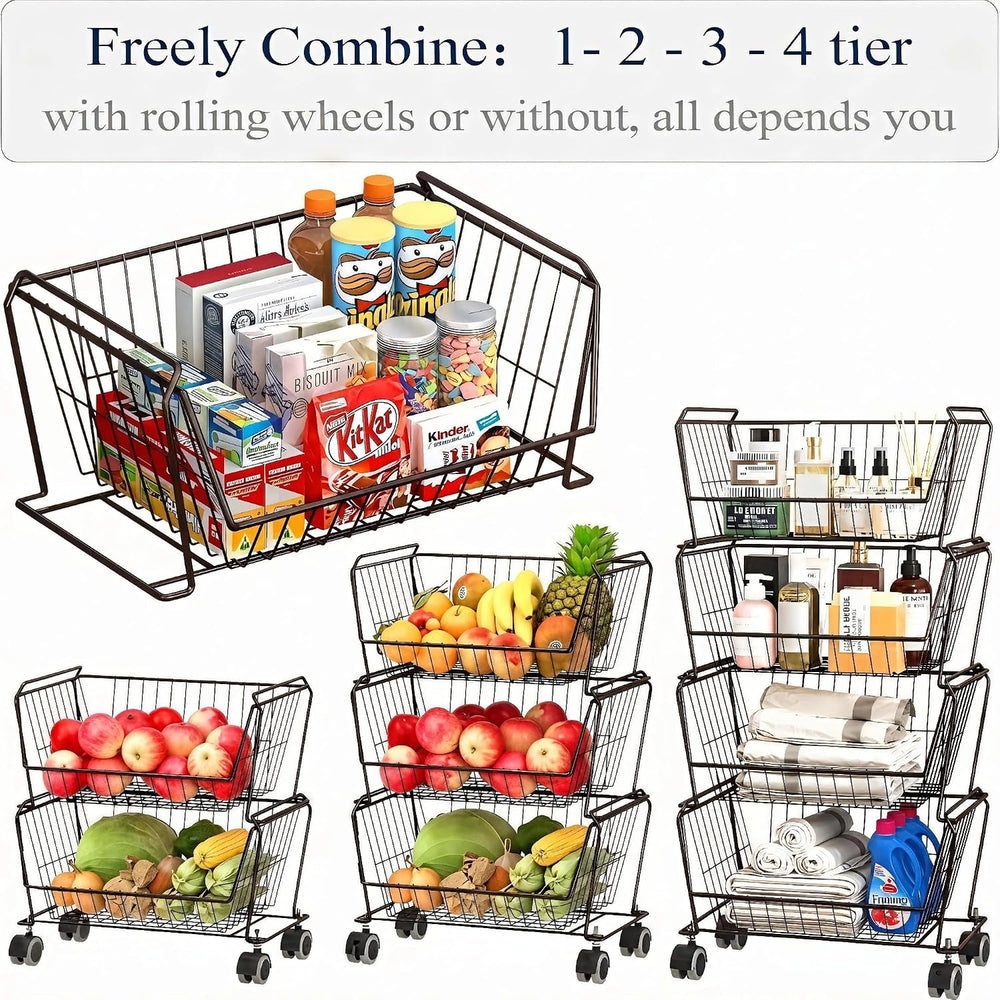 PUSDON 4-Tier Spacious Stackable Wire Storage Baskets with Wheels, Metal Roll...