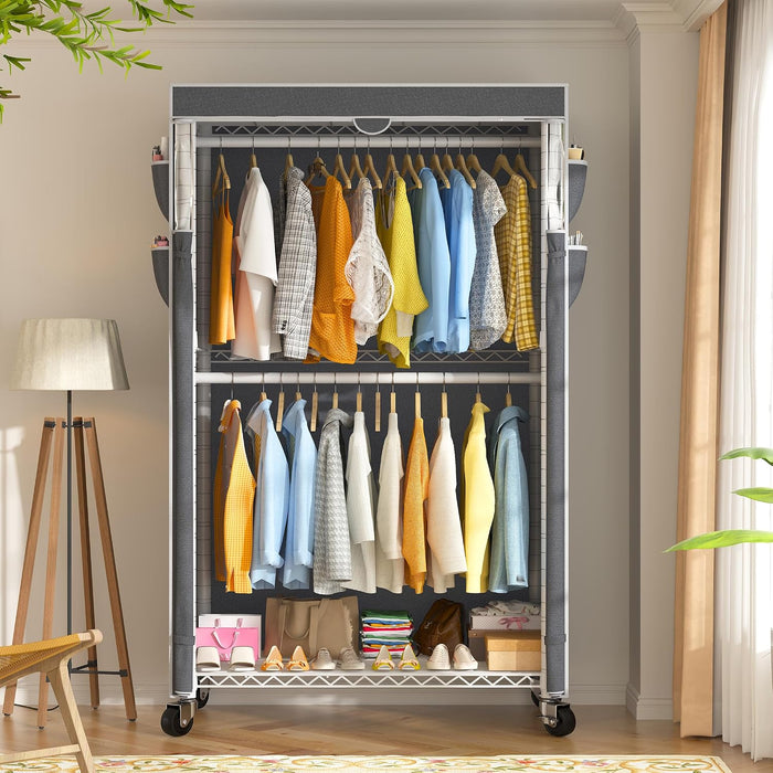 Raybee Clothes Rack with Cover, Rolling Portable Closet, 2 Rods & 2 shelves