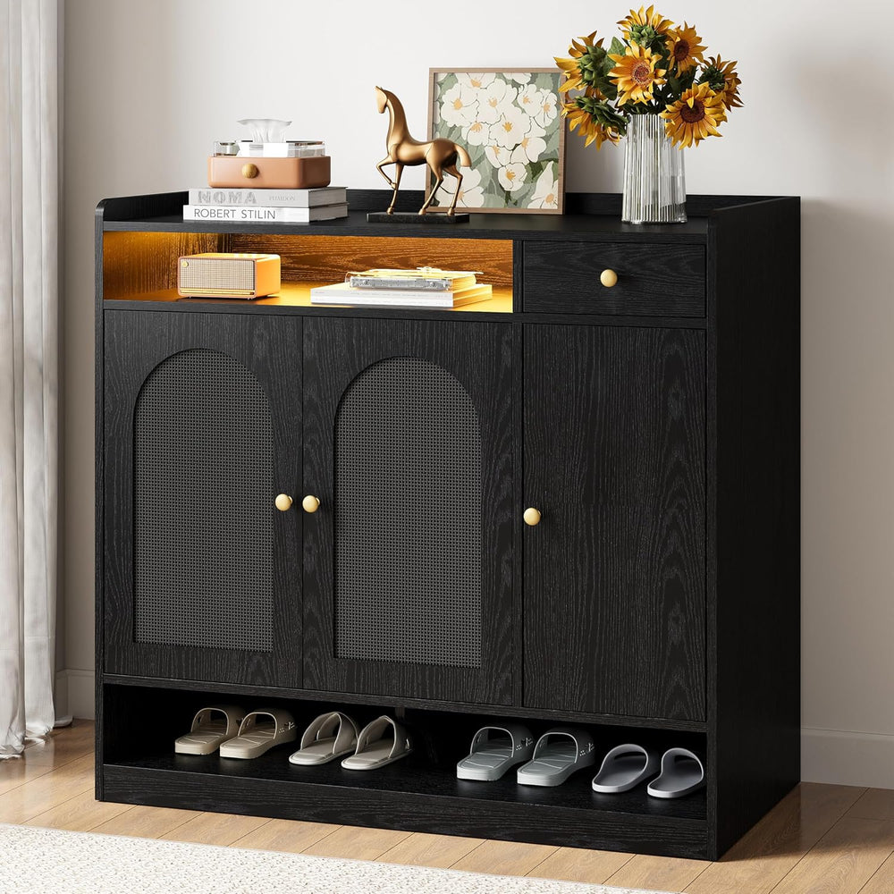 LIKIMIO Rattan Shoe Cabinet with 6-Tier Storage, 3 Doors & LED Light