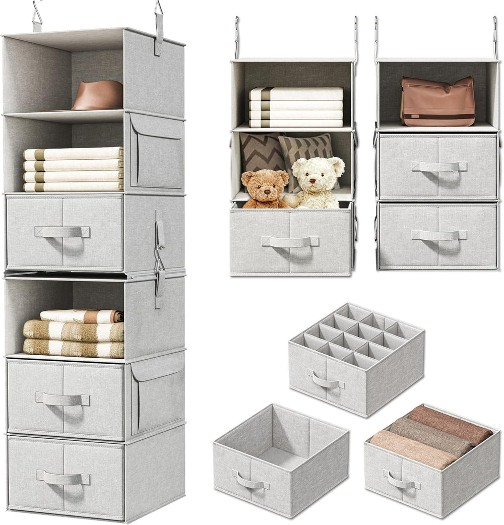 6-Shelf Hanging Closet Organizer with 3 Drawers, Separable, Silver Gray