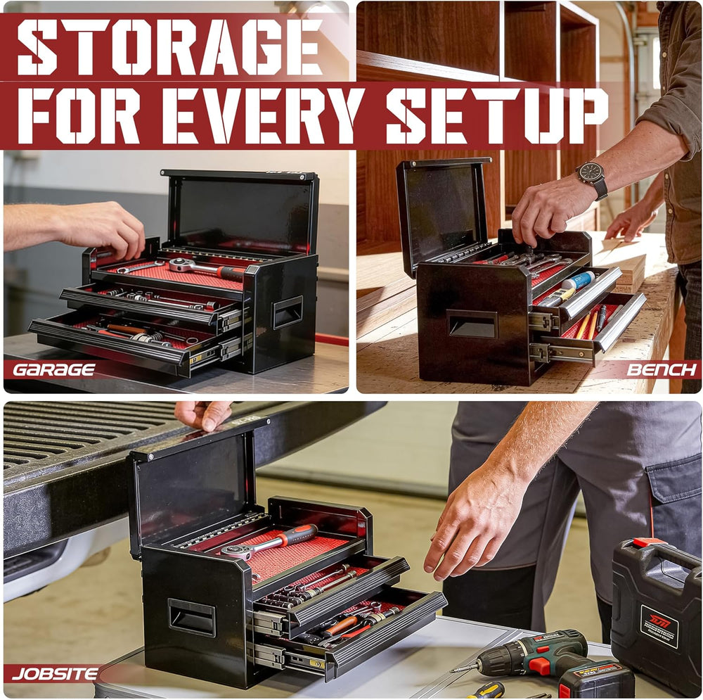 Mini Toolbox with 2 Drawers and Top Storage, Durable Tool Box Steel Construct...