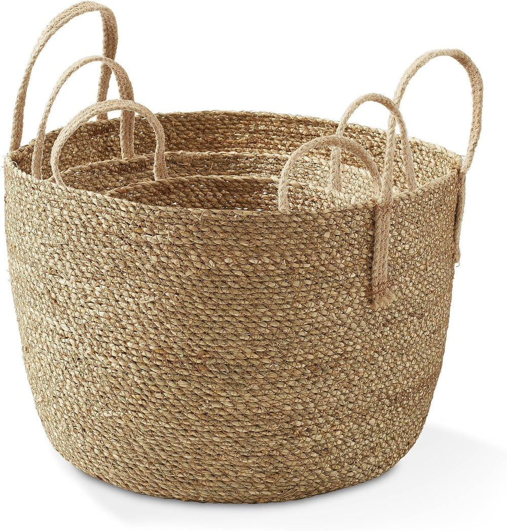 Casafield Set of 3 Braided Seagrass Baskets with Jute Handles - Natural, Wove...