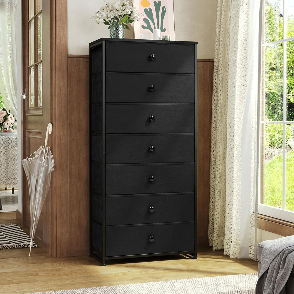 Fabric Dresser for Bedroom, Wide 7-Drawer Tall Vertical Tower (Black)