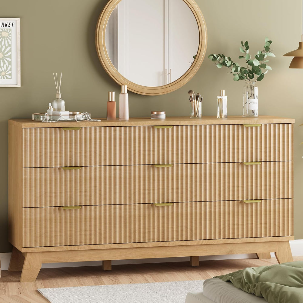 Fluted Dresser for Bedroom with 9 Drawers, 57" Wide Modern Chest of Draw...
