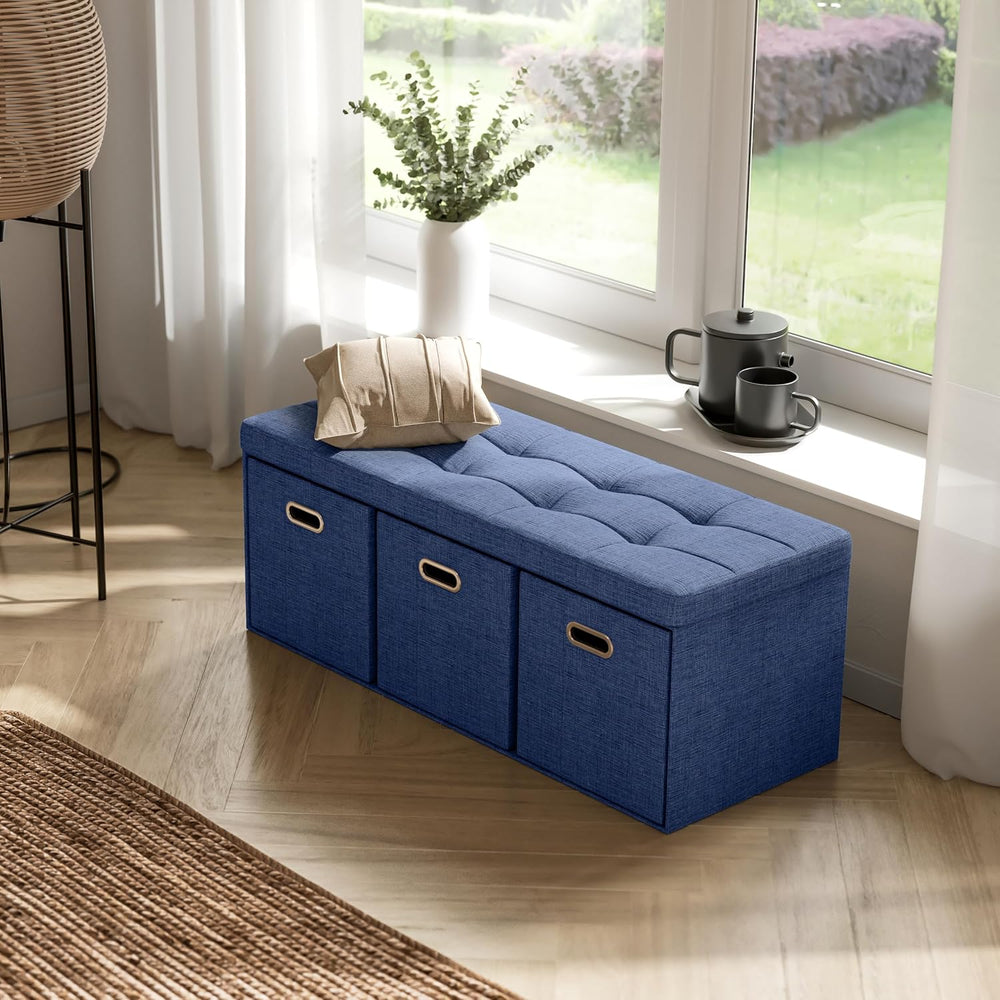 Ornavo Home 40 Inch Storage Ottoman with 3 Drawers, Tufted Linen, Navy Blue