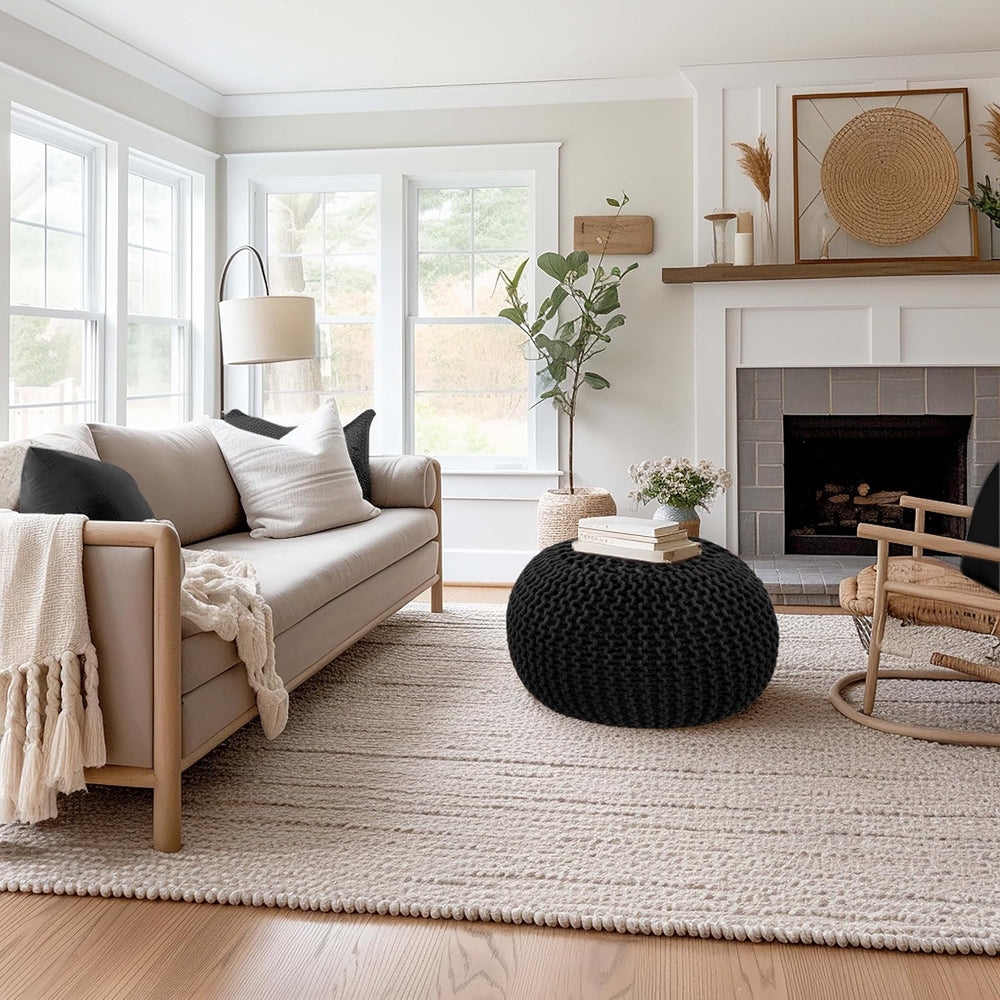 COTTON CRAFT Round Black Pouf -Hand Knitted Cotton Braid Cord Dori Ottoman