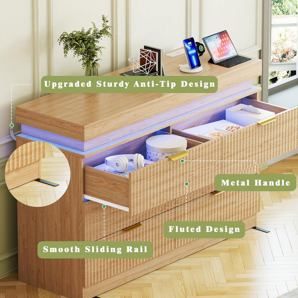 Fluted 6 Drawer Dresser LED Lights & Charging Station, Natural Oak