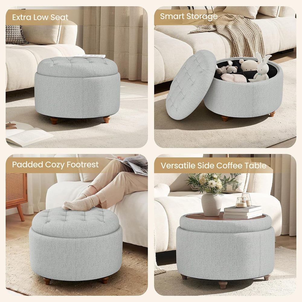 25" Round Ottoman with Storage, Small Coffee Table with Reversible Tray Lid