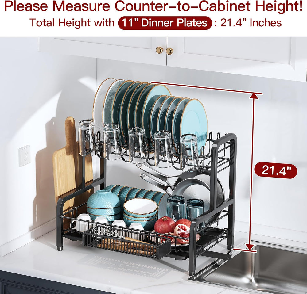2 Tier Black Stainless Steel Dish Drying Rack for Kitchen Counter