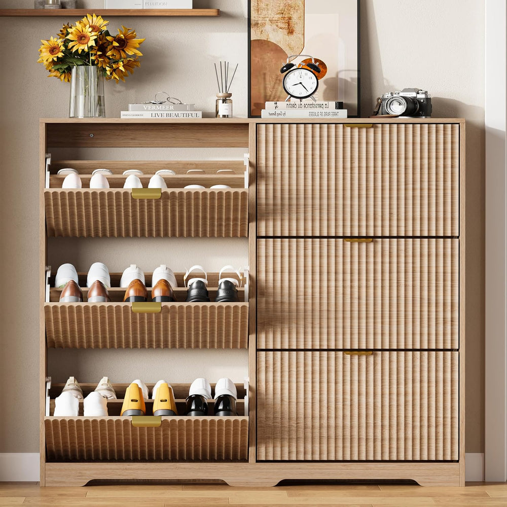 HUANLEGO Shoe Cabinet Storage for Entryway with 6 Flip Drawers, Oak