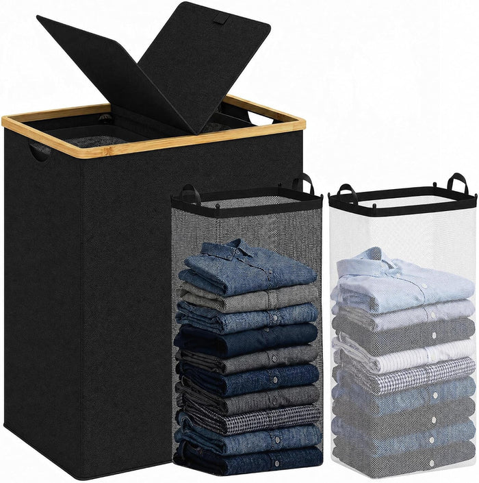 efluky Double Laundry Hamper with Lid and 2 Removable Bags, Black