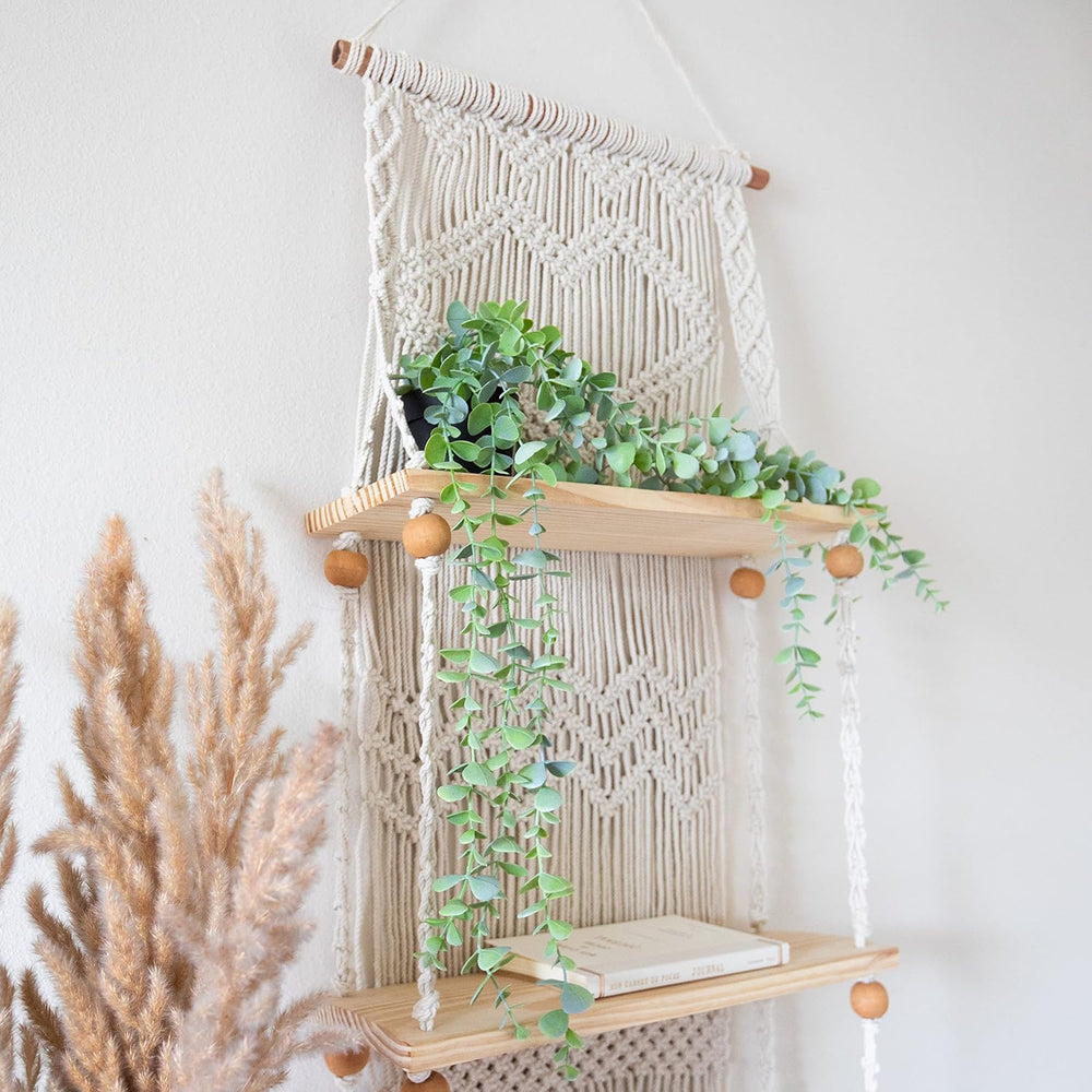 SnugLife Macrame Wall Hanging Shelf - 3 Tier Wall Plant Hanger Shelves with H...