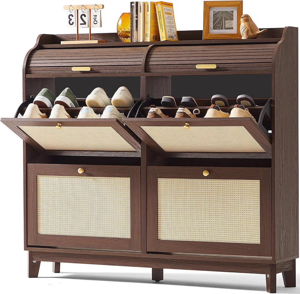 LINSY Shoe Storage Cabinet, Rattan Shoe Cabinet Flip Drawer Shoes Rack Cabine...