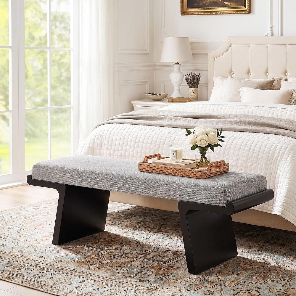 47.2" Black Wood Bedroom Bench, Upholstered Entryway Bench, Linen
