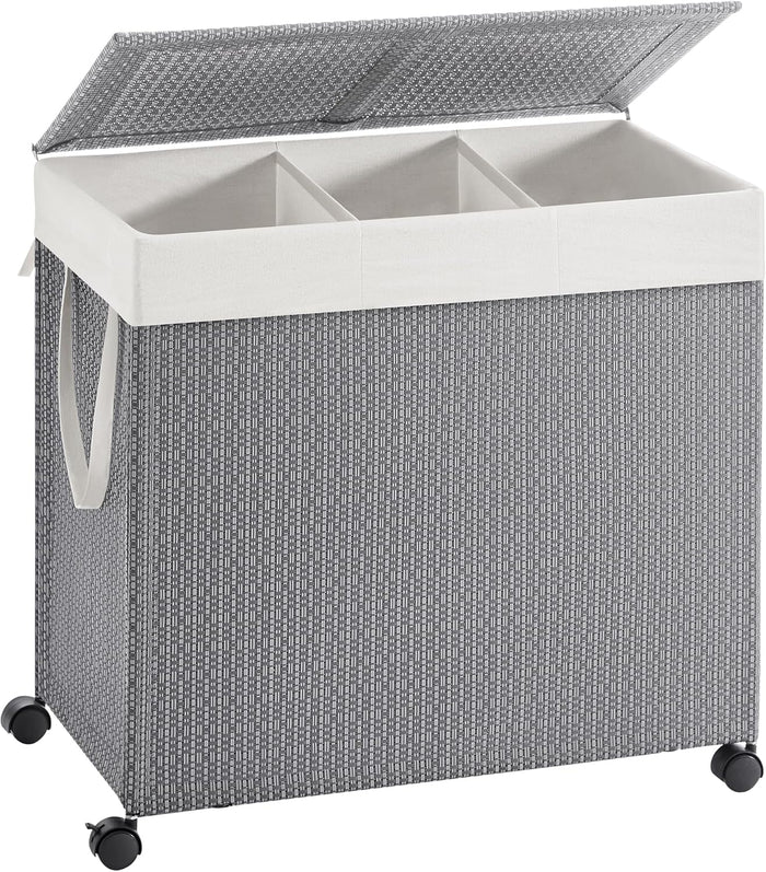 SONGMICS HOME Laundry Hamper with 3 Section, 140 L, Rattan, with Wheels