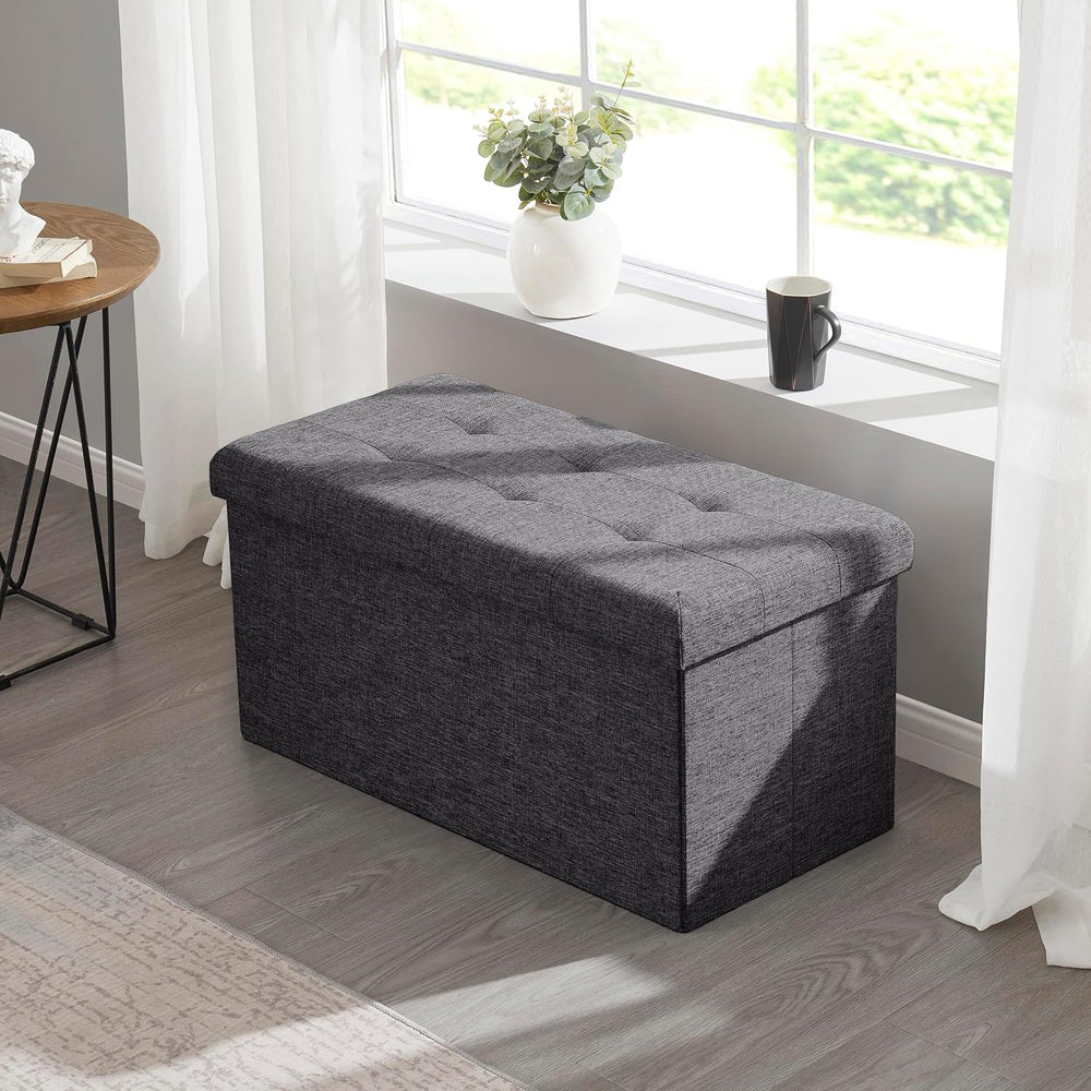 Ornavo Home 30 Inch Folding Storage Ottoman Bench, Tufted Linen, Dark Gray