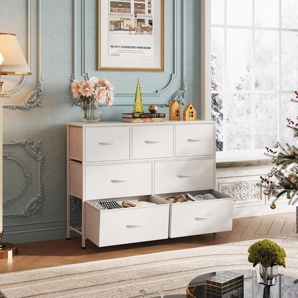 WLIVE Dresser for Bedroom, 7 Drawers, TV Stand, White