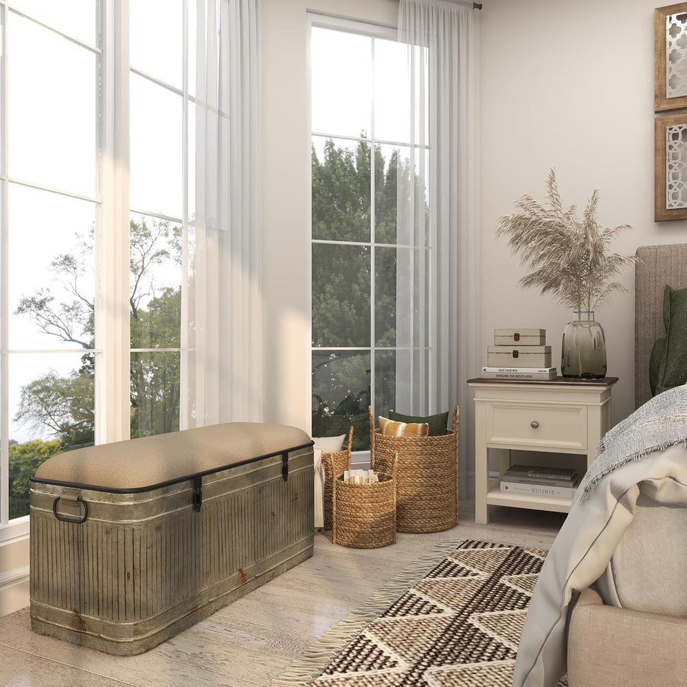 Deco 79 Metal Room Storage Bench Galvanized Entryway Bench with Cream Burlap ...