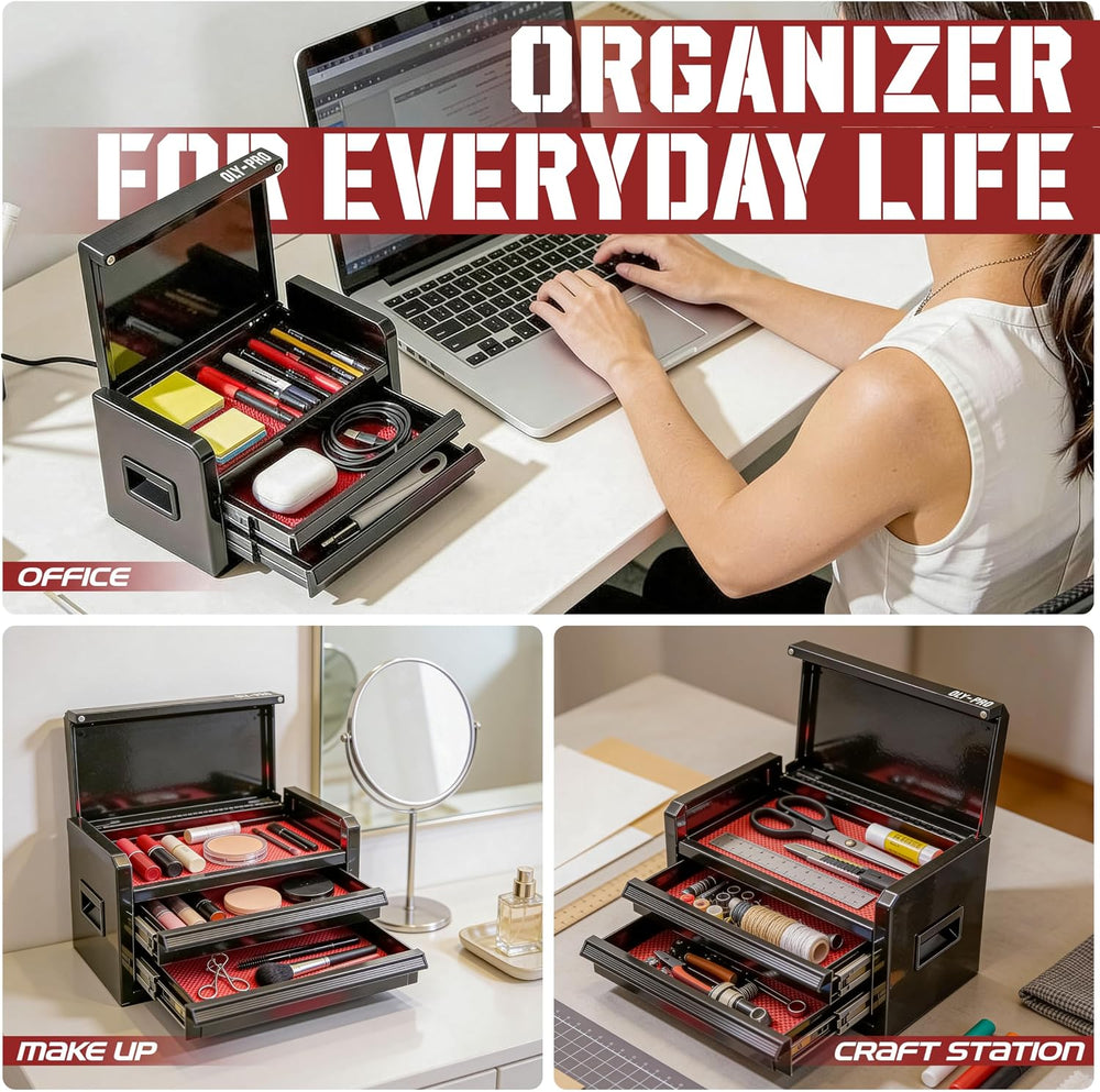 Mini Toolbox with 2 Drawers and Top Storage, Durable Tool Box Steel Construct...