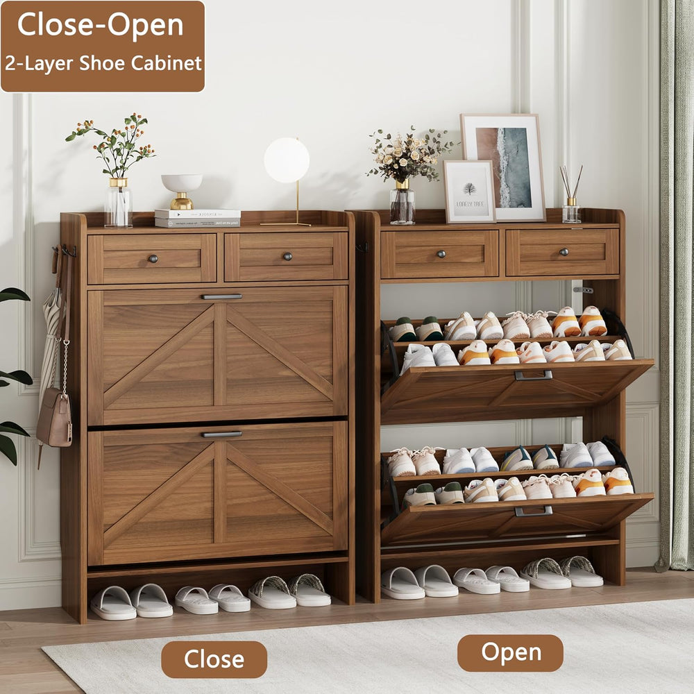 Shoe Cabinet with 2 Flip Drawers & 2 Top Drawers, 43" Tall Freestand...