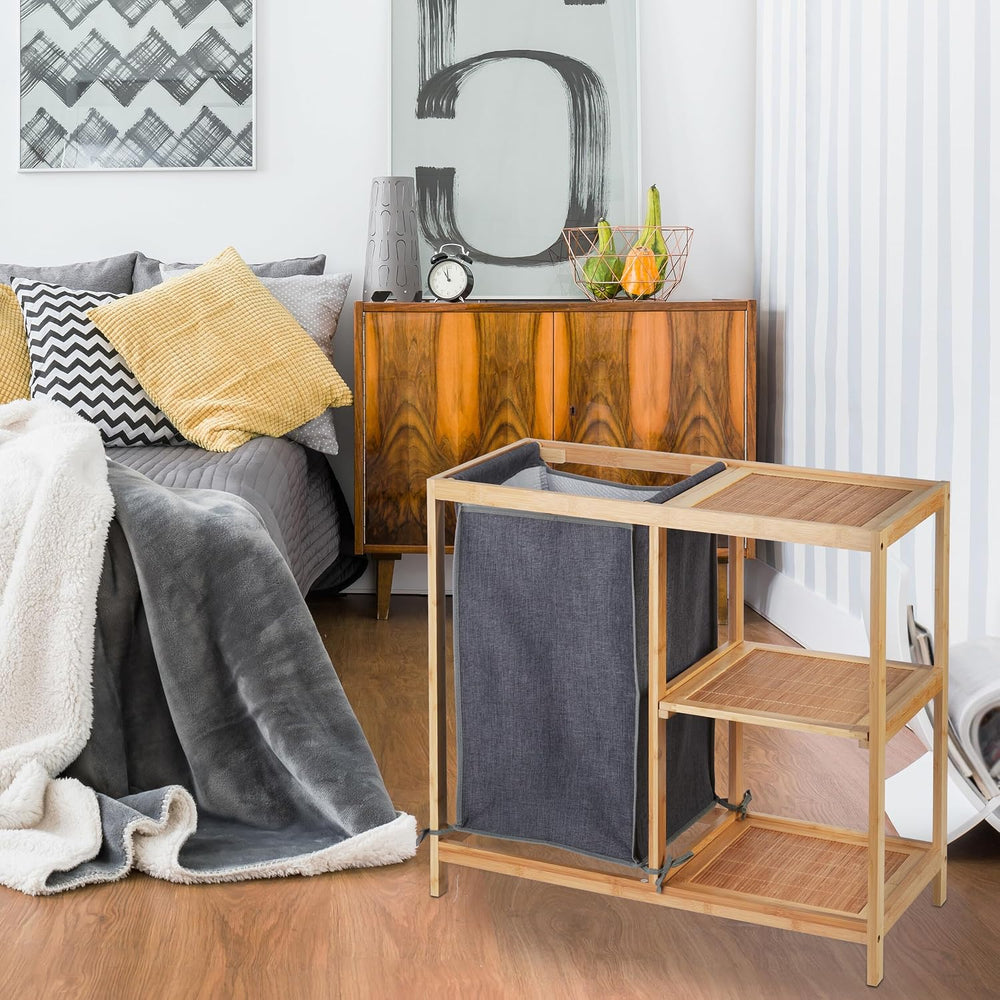 Relaxdays Bamboo Laundry Basket, 3 Shelves, Removable Fabric Bag, H x W x D: ...