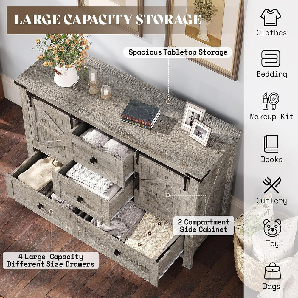 AMERLIFE 47" Farmhouse 4-Drawer Dresser with Barn Doors, Light Rustic Oak