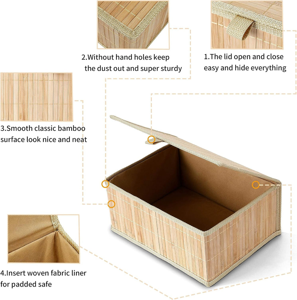Bamboo Decorative Storage Boxes - Set of 3 Woven Lined Storage Basket with Li...