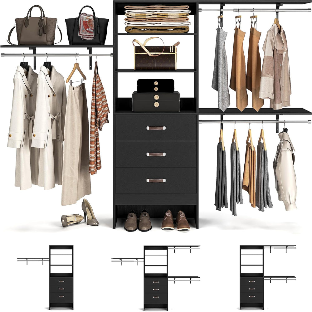 Armocity 96" Wood Closet System with 3 Enclosed Drawers & 3 Solid Sh...