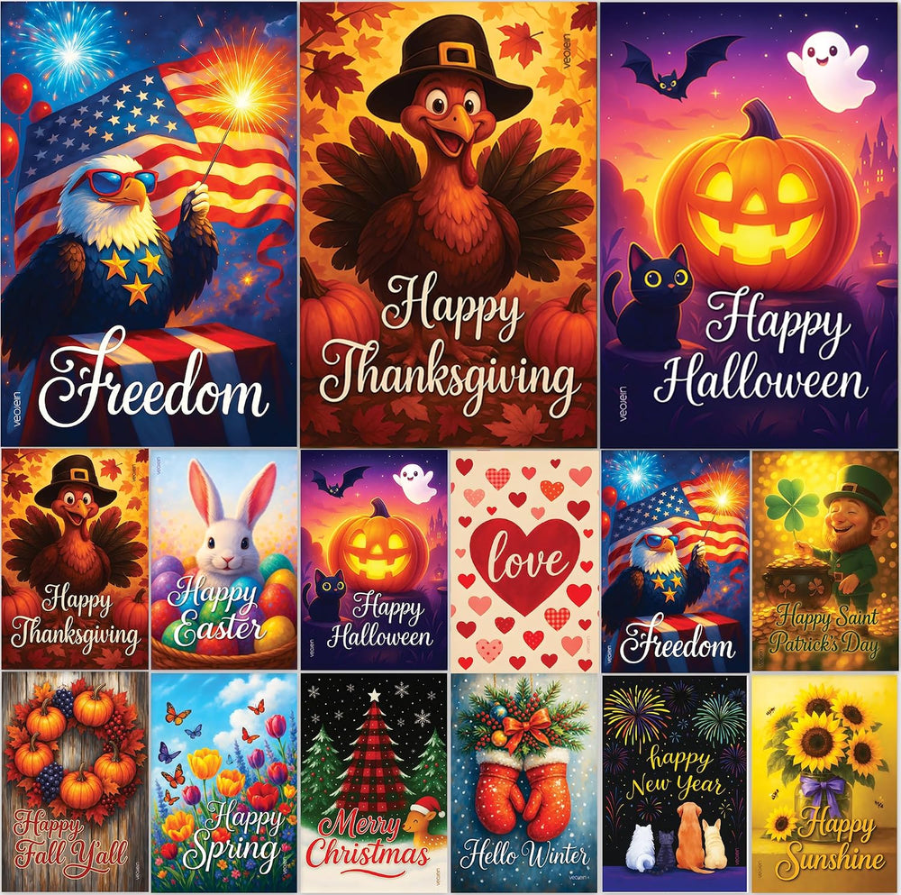 Premium 12 Pack Seasonal Garden Flags Set 12x18 Inch Double Sided, Burlap Out...