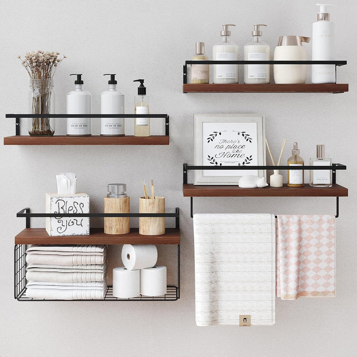 Bathroom Floating Shelves Wall Mounted - 4+1 Tier Rustic Wooden Bathroom Wall Shelves Over Toilet with Wire Storage Basket&Towel Bar, Floating Shelf for Bathroom, Kitchen, Bedroom,Dark Brown
