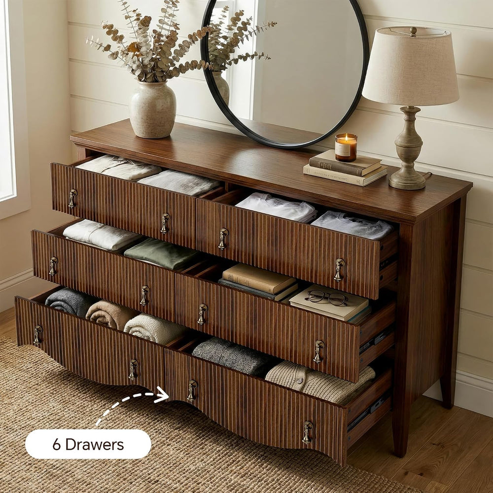 FUSUNBAO 6-Drawer Fluted Dresser, 52" Wide Double Chest of Drawers,Walnut