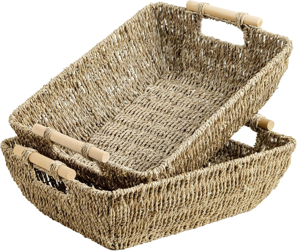 StorageWorks Hand-Woven Jumbo Storage Baskets with Wooden Handles, Seagrass W...