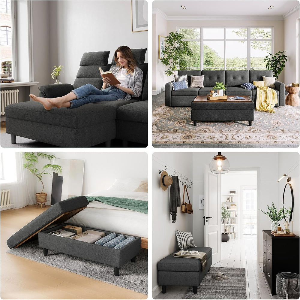 LINSY HOME 46 Inches Wide Storage Ottoman Bench, Linen Coffee Table Long Shoe...