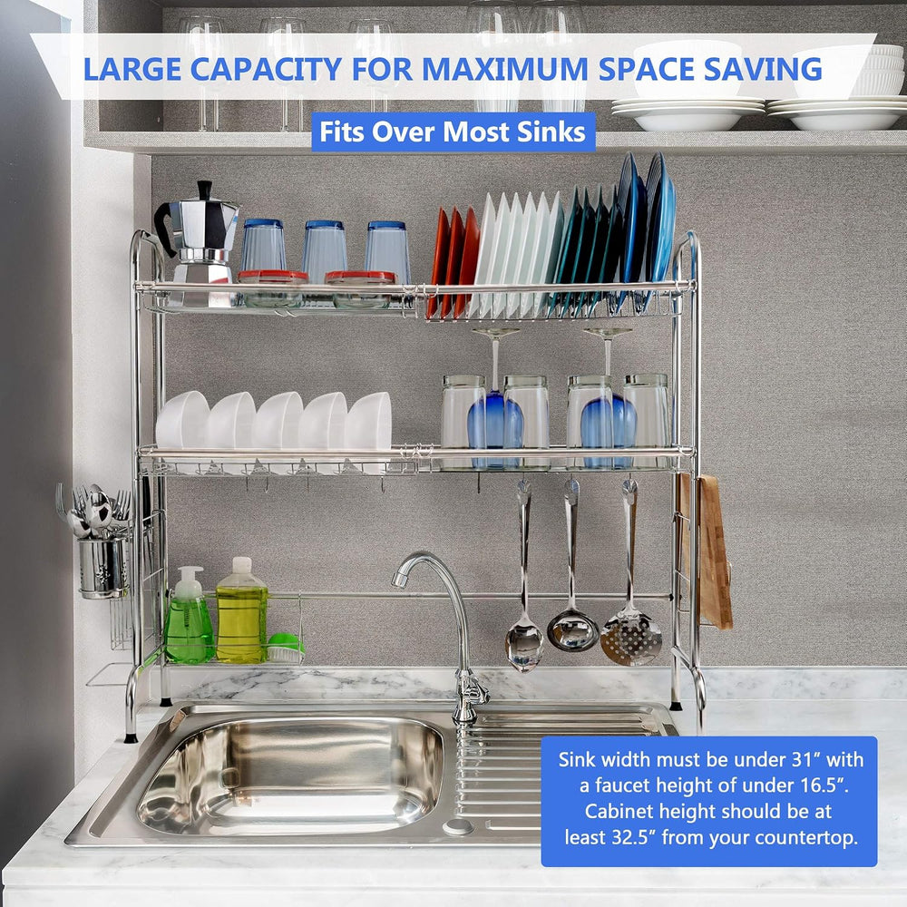 2 Tier Over The Sink Dish Drying Rack, Large Kitchen Counter Utensil Drainer ...
