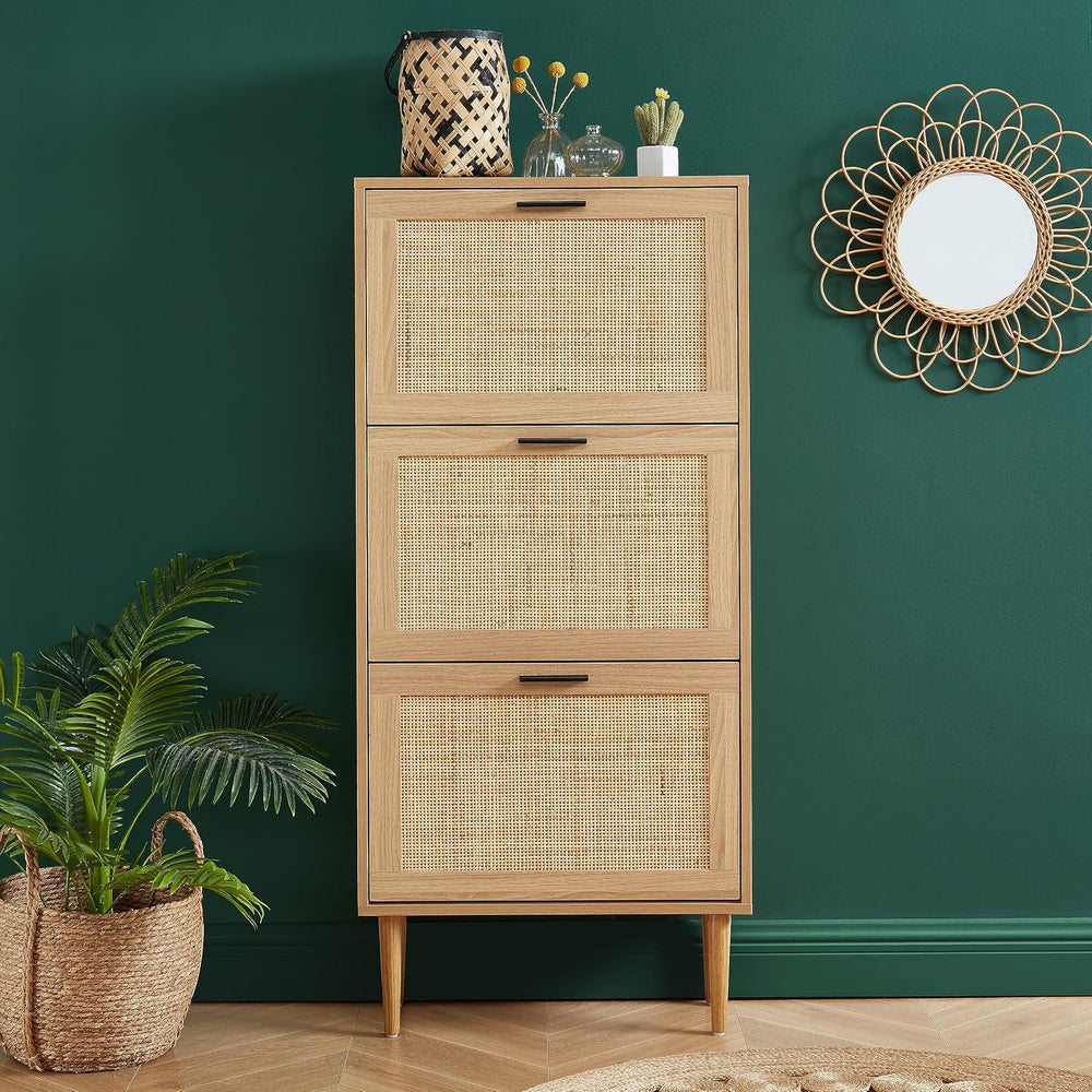 BAÏTA - Amana Shoe Cabinet Oak Effect and Rattan Cane 60 cm