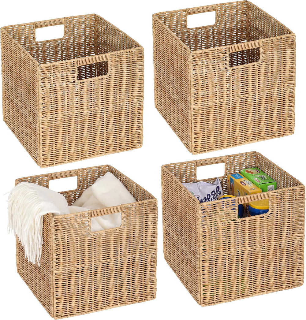 12x12inch Plastic Wicker Cube Baskets Large Foldable Handwoven,4 Pack,Khaki