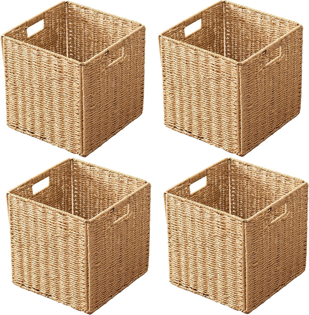 13x13x13 Storage Cube Bins Set of 4, Paper Rope Hand Woven Storage Basket wit...