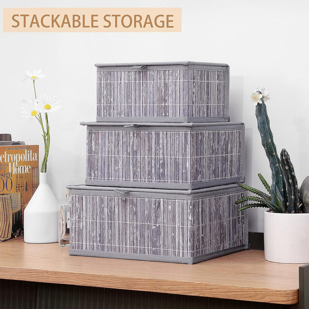 Honygebia Bamboo Decorative Storage Boxes - Set of 3 Woven Lined Storage Bask...