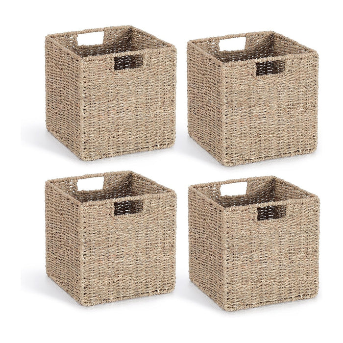 10.5 x 10.5in Seagrass Storage Baskets Set of 4, Cube Foldable Woven Storage Baskets for Shelves, Decorative Seagrass Shelf Basket