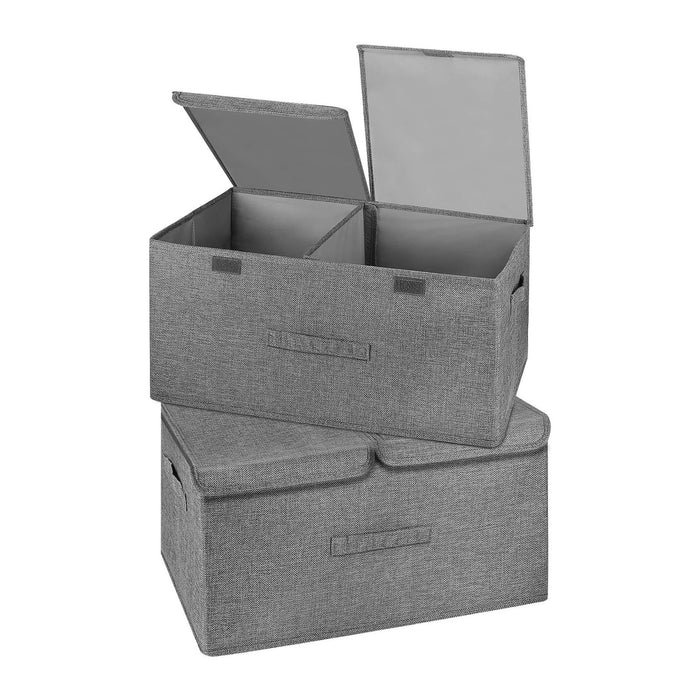 2 Pack Large Storage Boxes with Lids and Handles, Collapsible Linen Storage Bins Organizer Containers Baskets Cube with Removable Divider for Home Bedroom Closet Office (Grey, Large)