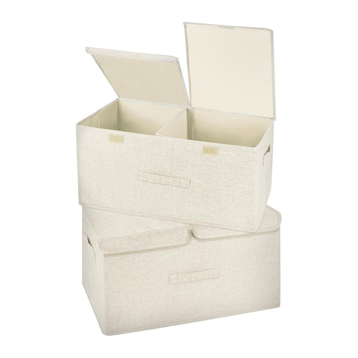 2 Pack Storage Boxes with Lids and Handles, Collapsible Linen Storage Bins Organizer Containers Baskets Cube with Removable Divider for Home Bedroom Closet Office (Cream, Large)