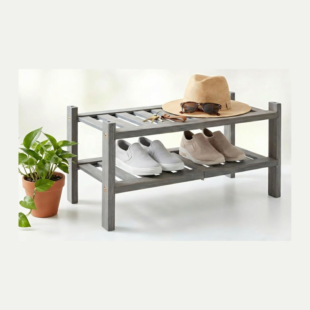 2-Tier Acacia Wood Stackable Shoe Rack - Brush Grey