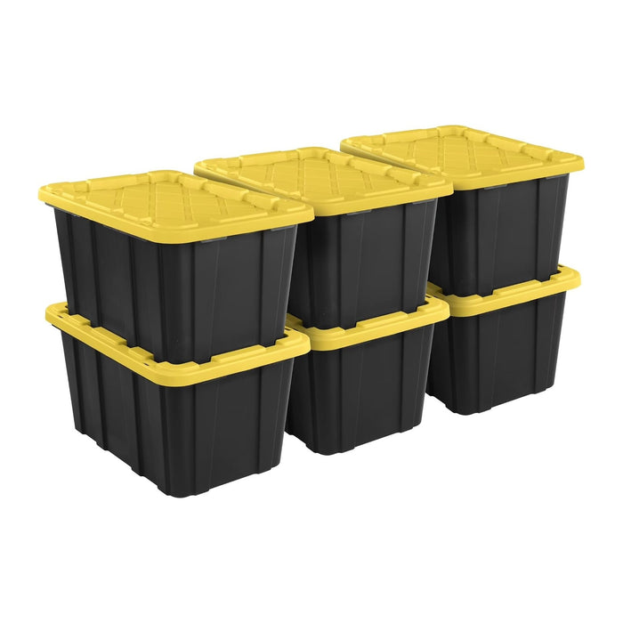 27 Gallon Durable Plastic Storage Tote with Snap-On Lid, Black and Yellow, Heavy-Duty, Secure-Grip Handles, 6 Pack