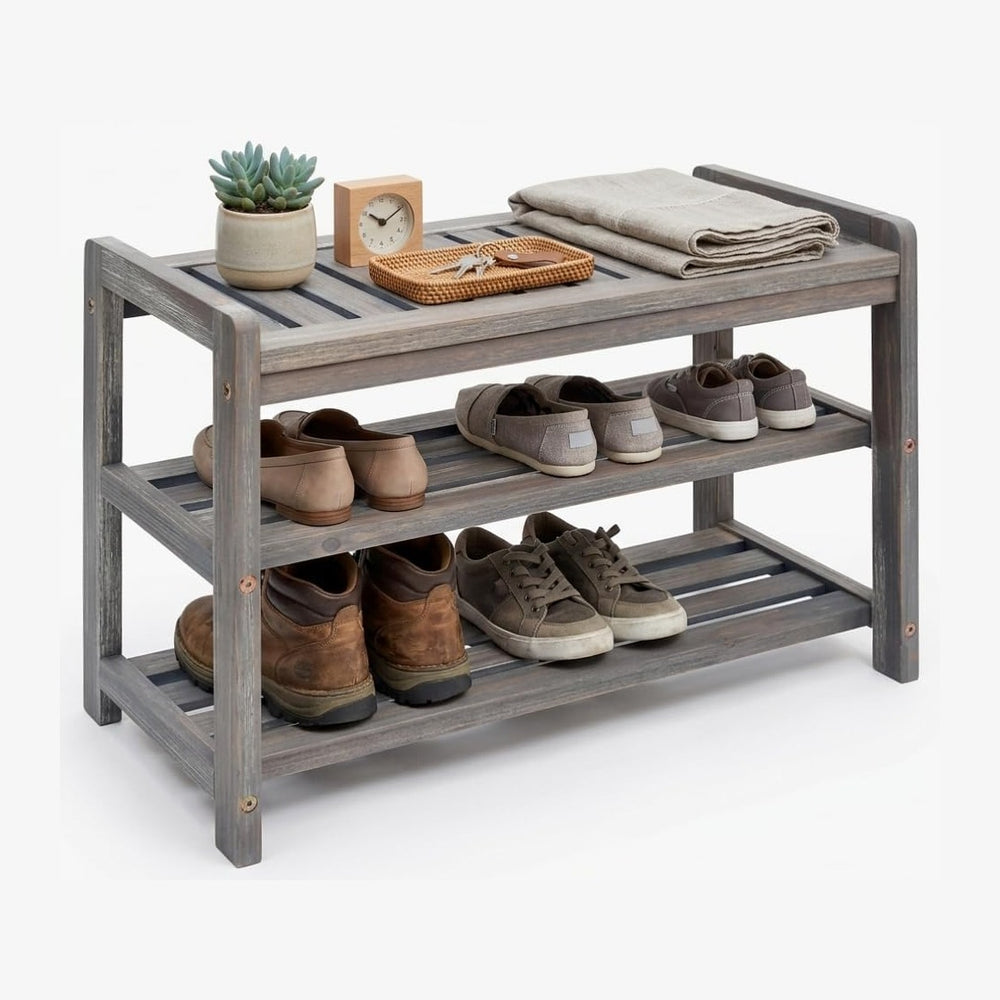 27-Inch 3-Tier Wooden Entryway Shoe Bench - Brush Grey