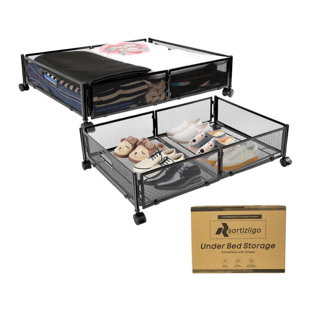 2pcs Large UnderBed Storage with Wheels - Sturdy Black Under Bed Storage with...