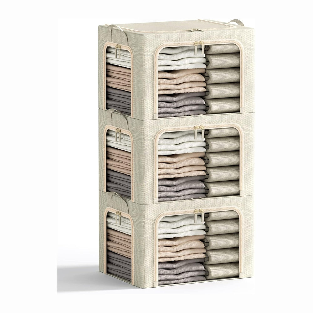 3 Openings Clothes Storage Bins with Metal Frame, Foldable Storage Bin for Cl...