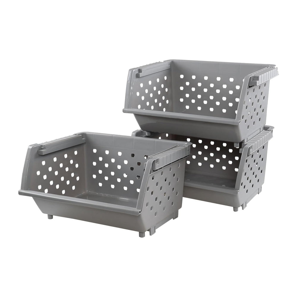 3 Pack Plastic Stackable Storage Baskets, Open Front, Grey
