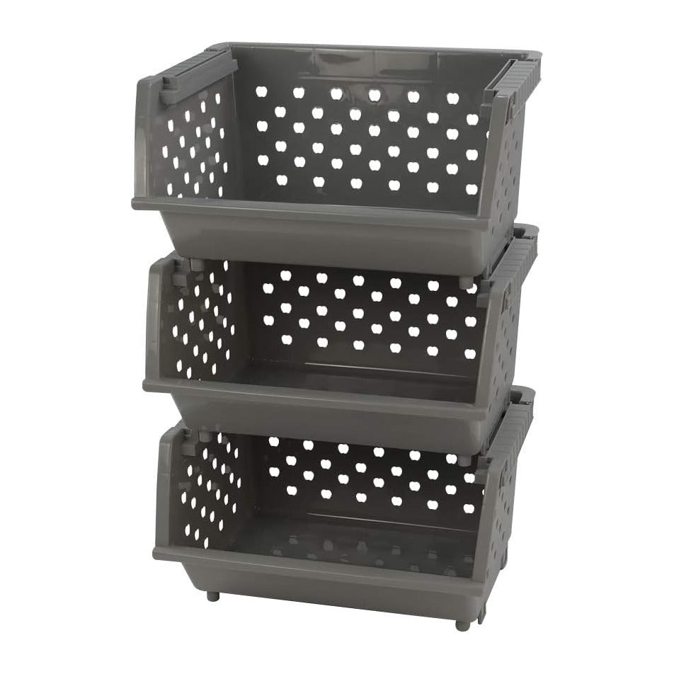 3-Pack Plastic Stacking Open Front Organizer Baskets, Gray