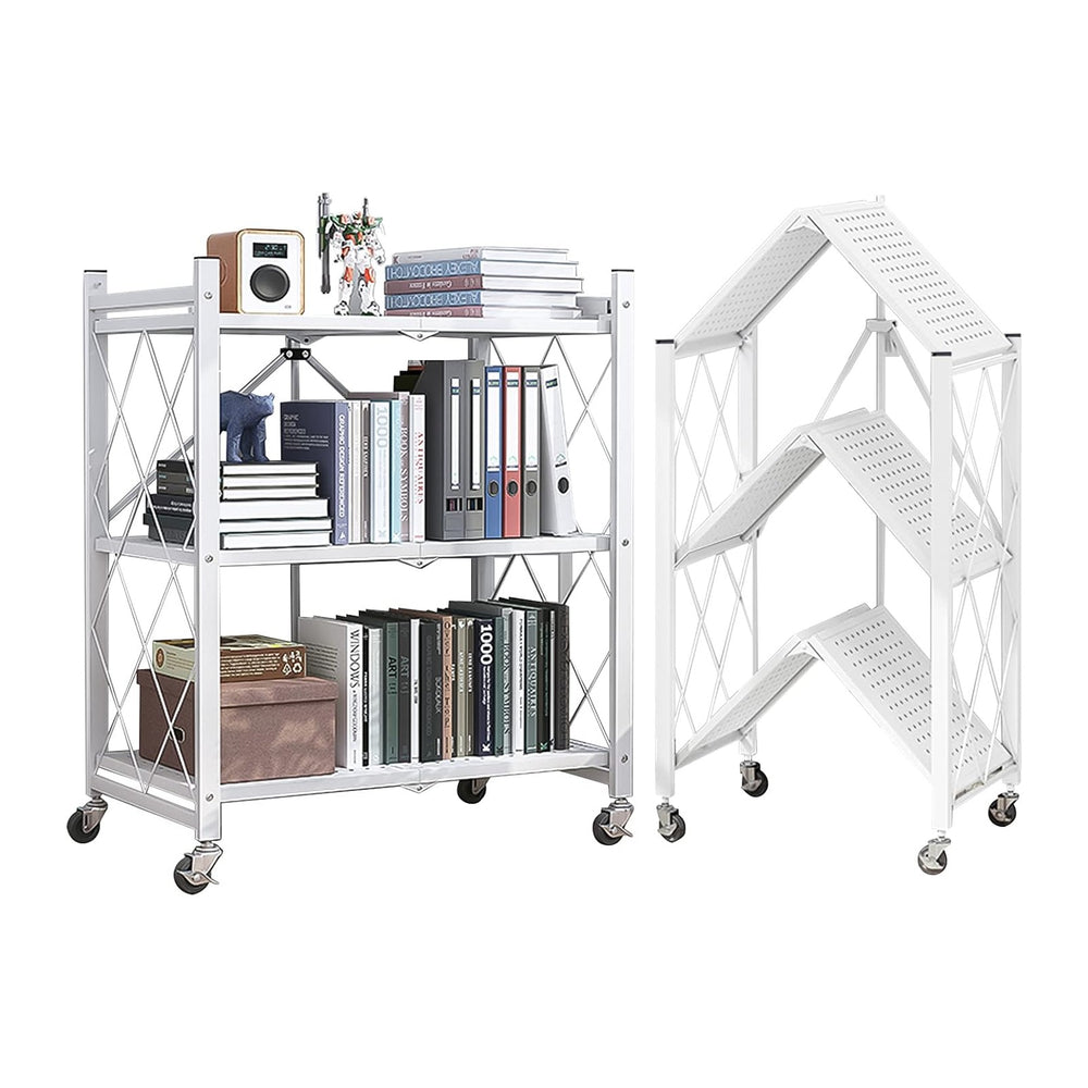 3-Tier Foldable Standing Shelf Units with Wheels, Industrial Style, Heavy Dut...