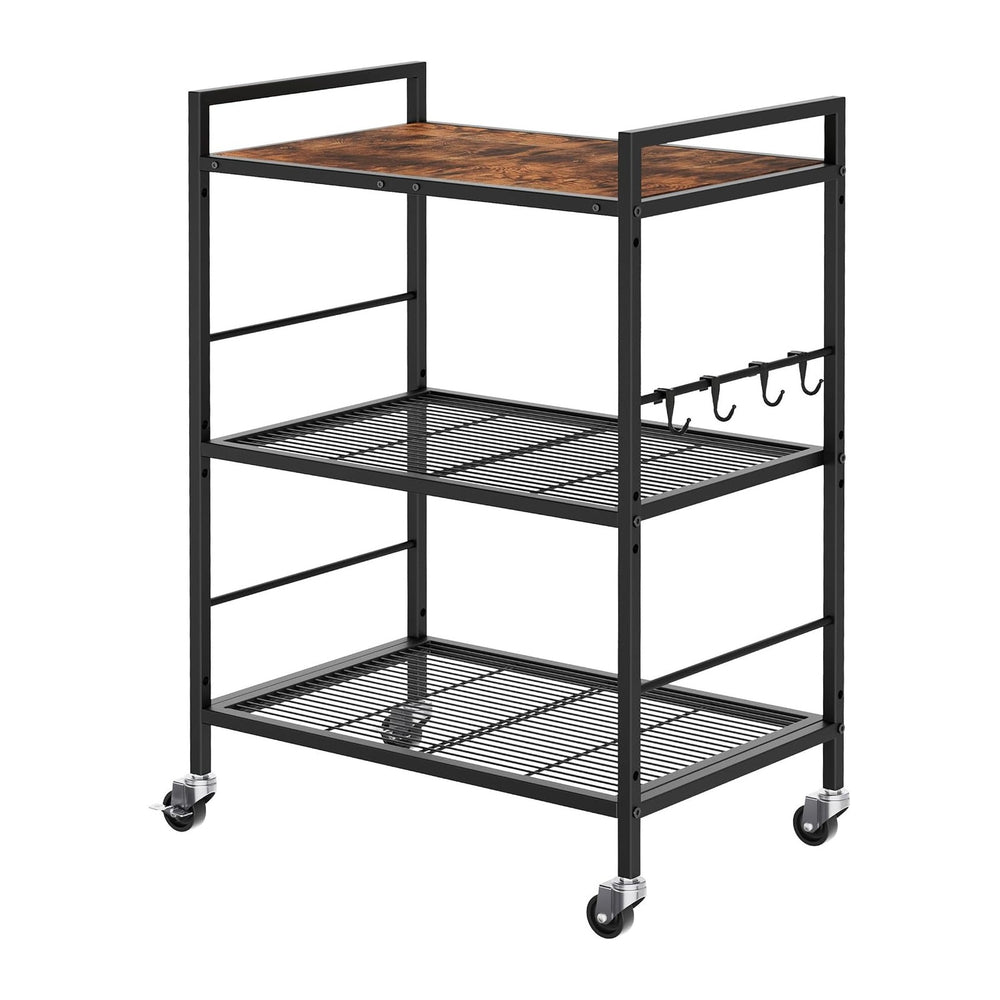 3-Tier Metal Storage Rack with Industrial Wheels,Mesh Shelving Unit with Wood...